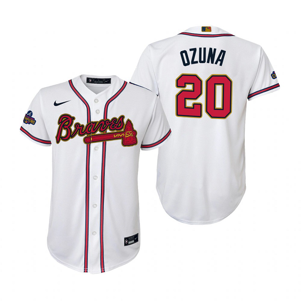 Youth #20 Marcell Ozuna Atlanta Braves White 2022 Gold Program MLB Jersey