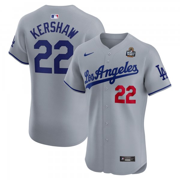 Men's #22 Los Angeles Dodgers Clayton Kershaw Nike Gray 2024 World Series Road Elite Player Jersey