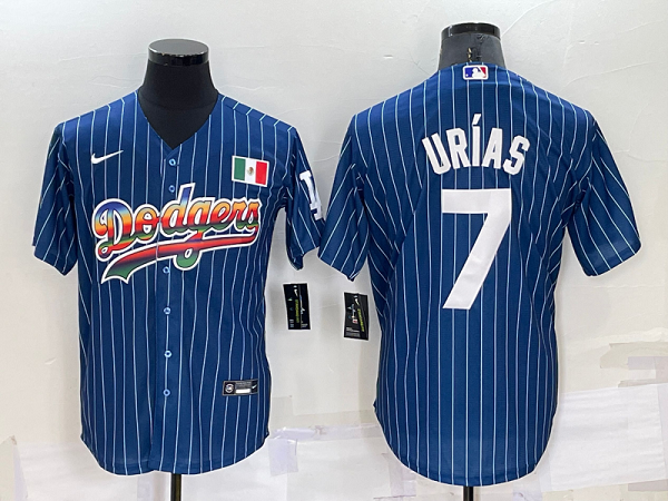 Men's Nike Los Angeles Dodgers #7 Julio Urias Blue Rainbow Throwback MLB Cool Base Jersey