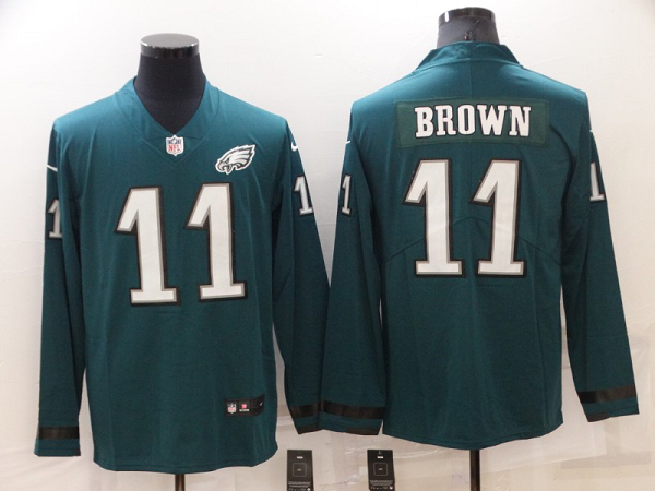 Men's Nike Philadelphia Eagles #11 A.J. Brown Green Long Sleeve Stitched NFL Jersey