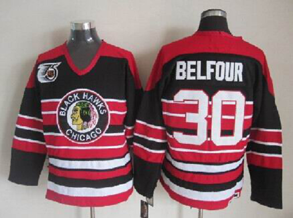 Men's Chicago Blackhawks #30 ED Belfour Black Throwback NHL Jersey