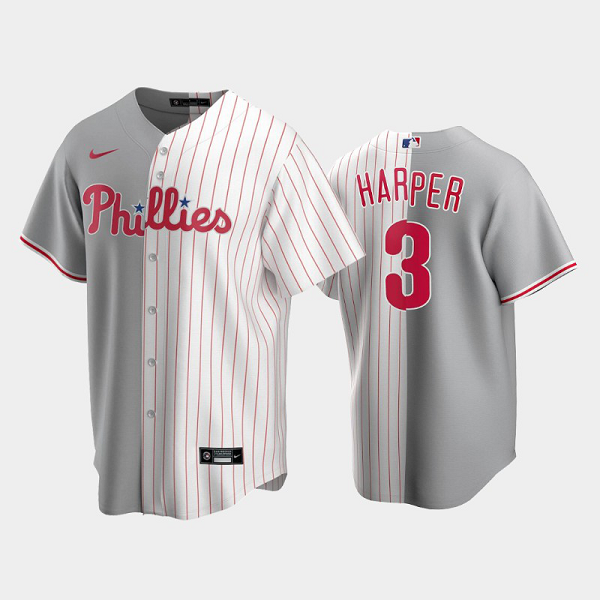 Men's Philadelphia Phillies Split Replica #3 Bryce Harper Gray/White MLB Jersey