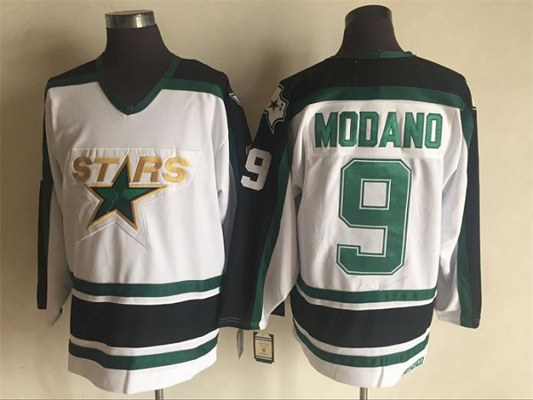 Men's Dallas Stars #9 Modano White and Blakc Throwback NHL Jersey