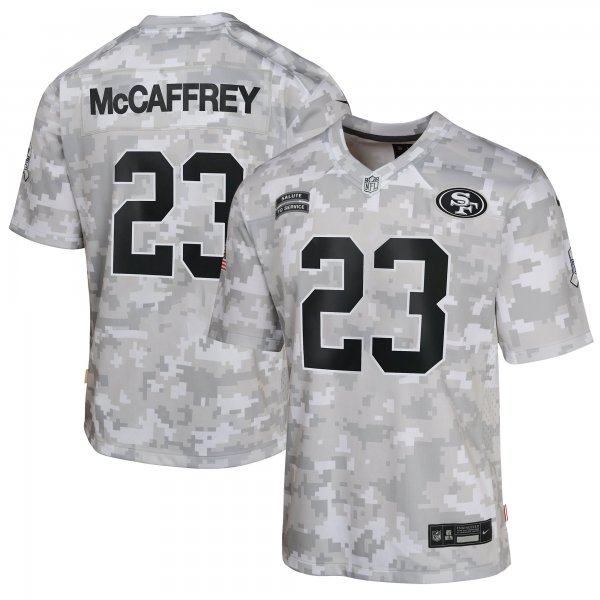 Youth San Francisco 49ers #23 Christian McCaffrey Nike Arctic Camo 2024 Salute to Service Game Jersey