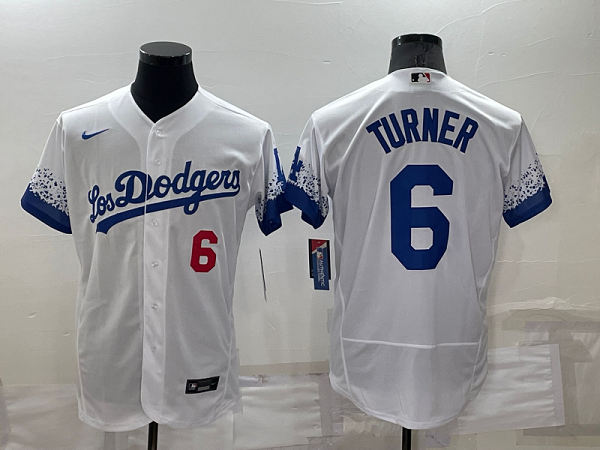 Men's Nike Los Angeles Dodgers #6 Trea Turner White City Connect Flex Base MLB Stitched Jersey