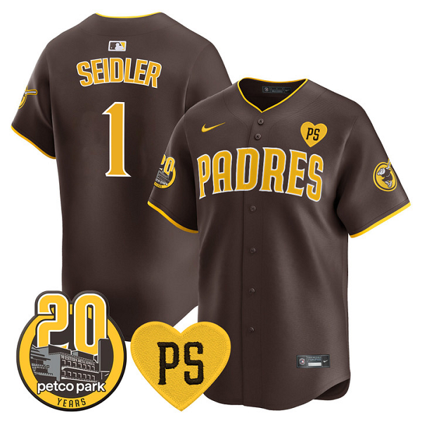 Men's San Diego Padres #1 Peter Seidler Jr For Peter & Petco Park 20th Patch Vapor Premier Limited All Stitched Cool Base Jersey