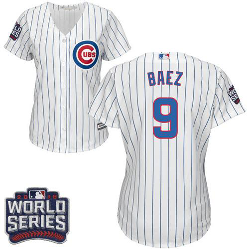 Chicago Cubs #9 Javier Baez White(Blue Strip) Home 2016 World Series Bound Women's Stitched MLB Jersey