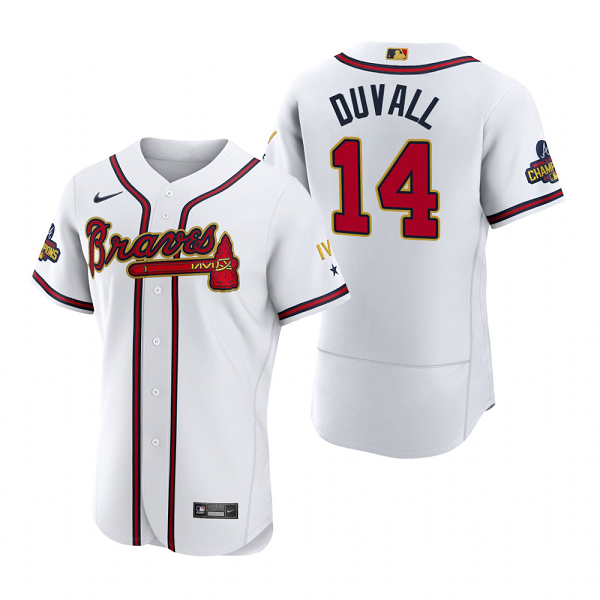 Men's Atlanta Braves #14 Adam Duvall White 2022 Gold Program MLB Jersey