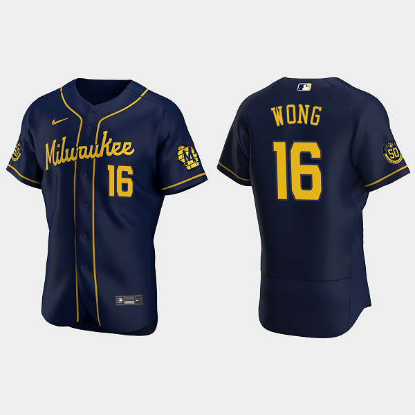 Men's Milwaukee Brewers #16 Kolten Wong Navy Alternate Flex Base MLB Jersey