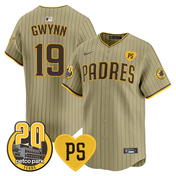 Men's San Diego Padres #19 Tony Gwynn For Peter & Petco Park 20th Patch Vapor Premier Limited All Stitched Cool Base Jersey